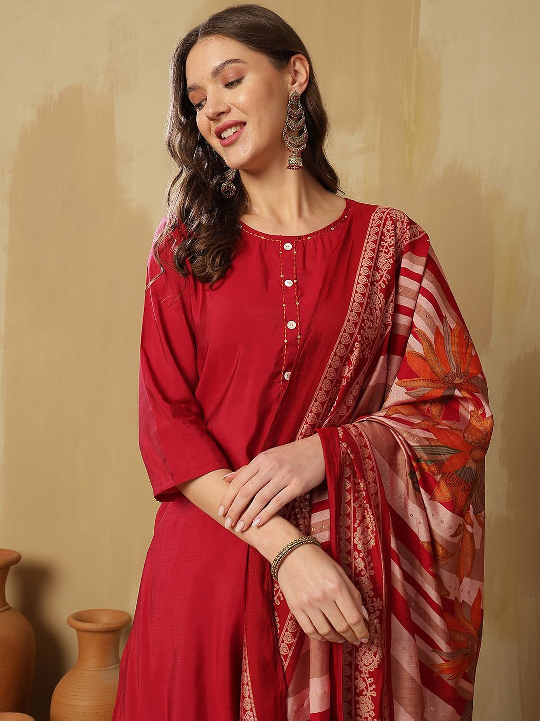 

Anouk Women Regular Pure Silk Kurta with Trousers & With Dupatta, Maroon