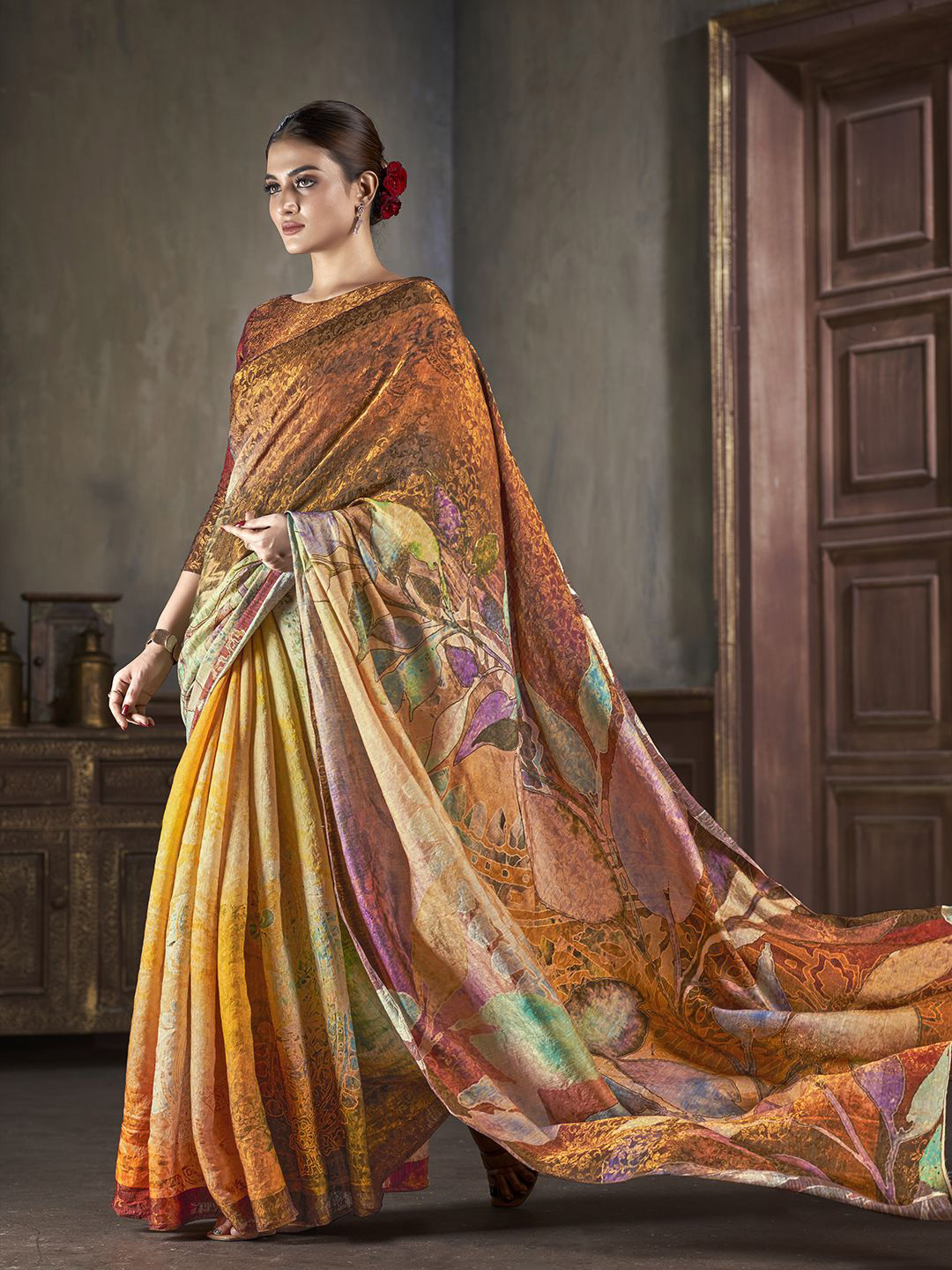 

Krimmple Women Floral Pure Silk Saree, Orange