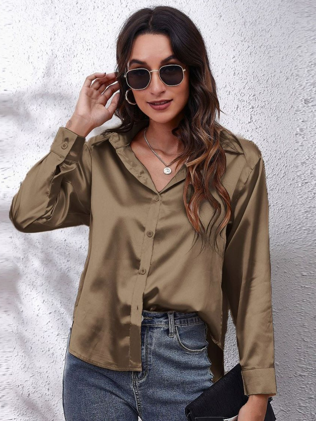 

Oh Rare Women Relaxed Fit Spread Collar Solid Casual Shirt, Khaki