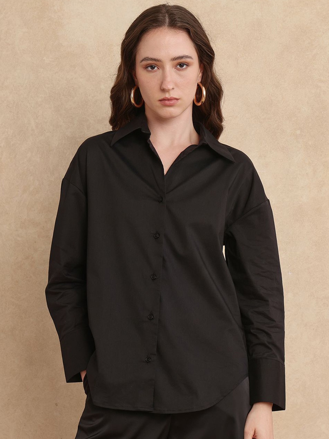 

RAREISM Women Comfort Relaxed Fit Spread Collar Solid Cotton Casual Shirt, Black
