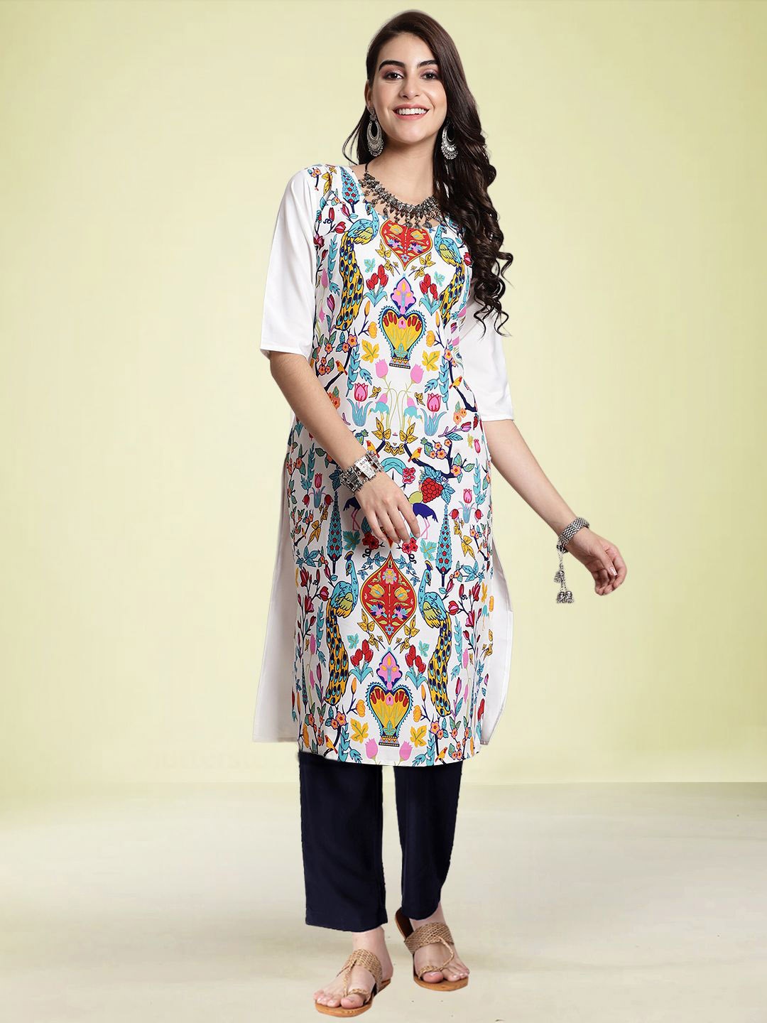 

Moda Rapido Ethnic Motifs Printed Round Neck Straight Kurta with Trousers, White