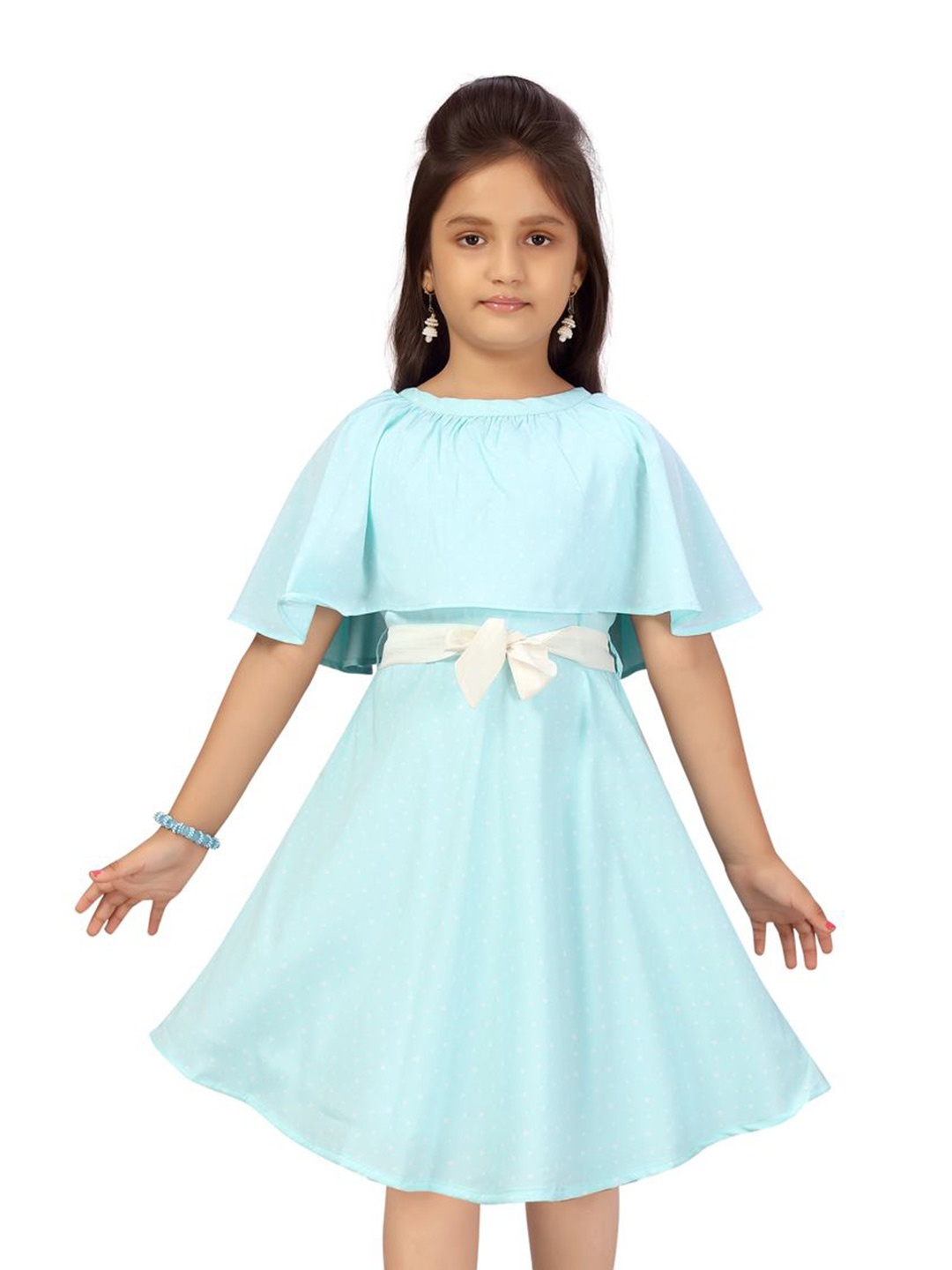 

YK Girls Cape Sleeve Fit & Flare Dress, Turquoise blue