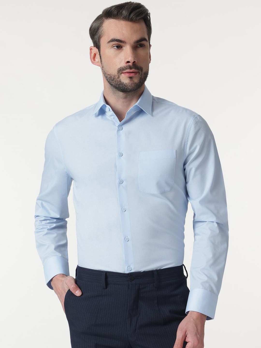 

Marks & Spencer Men Spread Collar Solid Cotton Formal Shirt, Blue