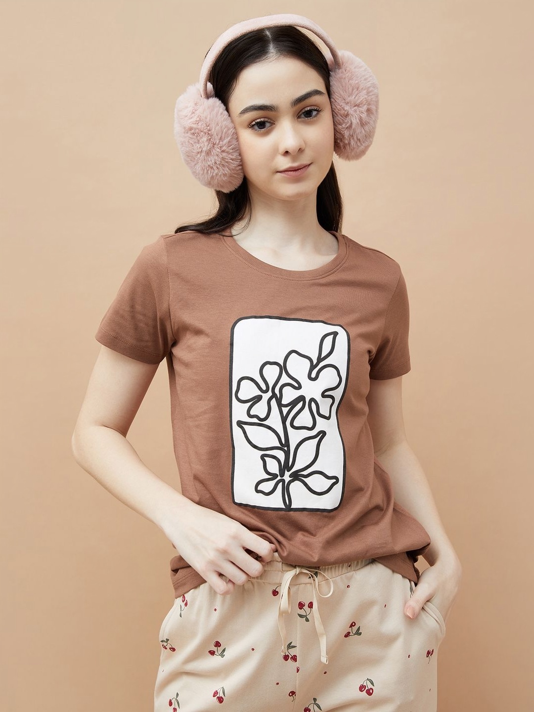 

Ginger by Lifestyle Women Floral Printed Round Neck Cotton T-shirt, Brown