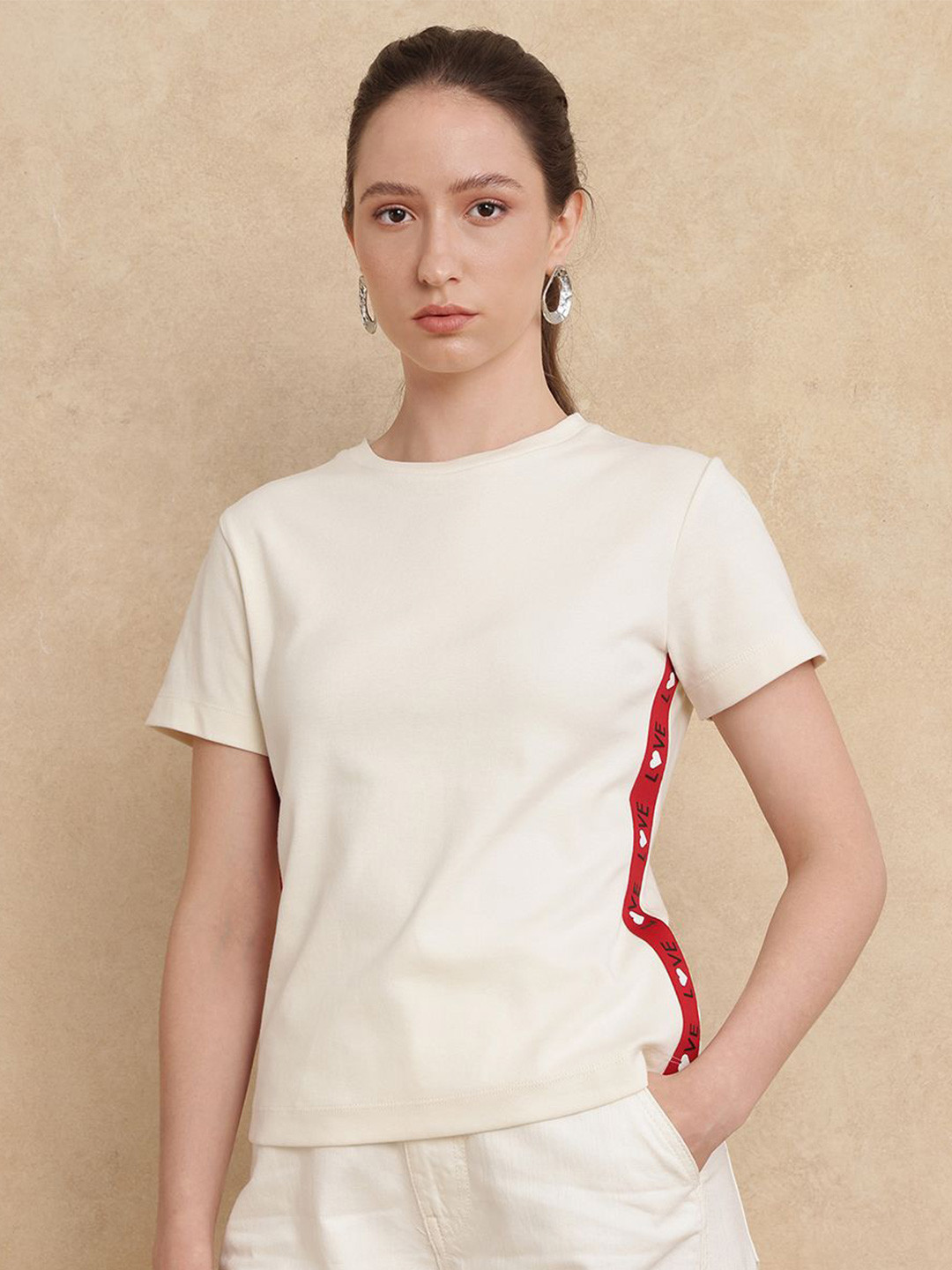

RAREISM Women Typography Printed Round Neck Cotton T-shirt, Cream