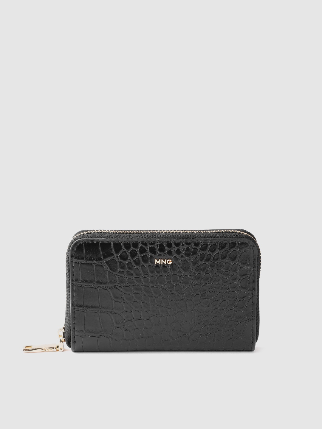 

MANGO Women Croc Textured Zip Around Wallet, Black