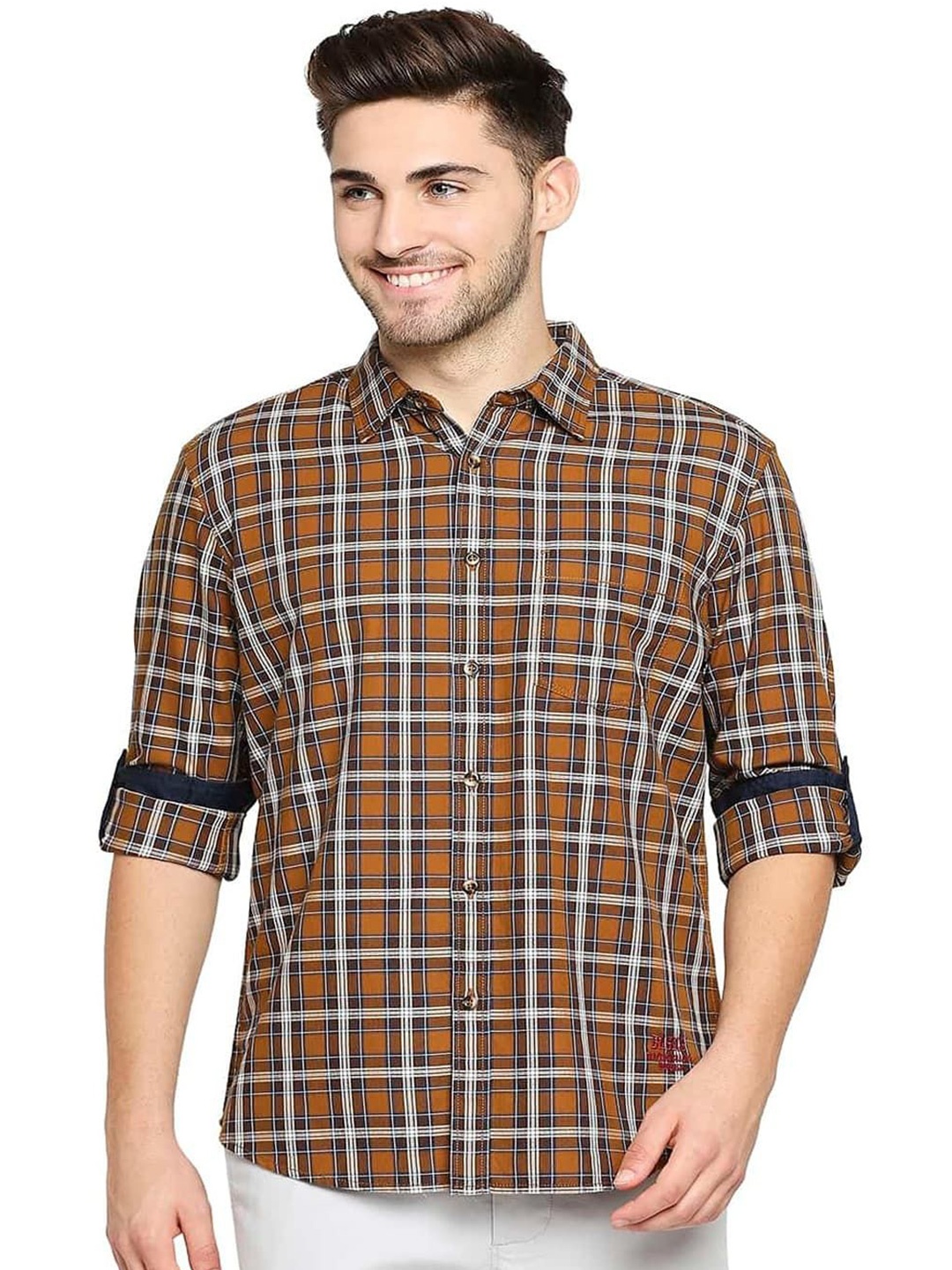 

Basics Men Slim Fit Spread Collar Tartan Checked Cotton Casual Shirt, Brown