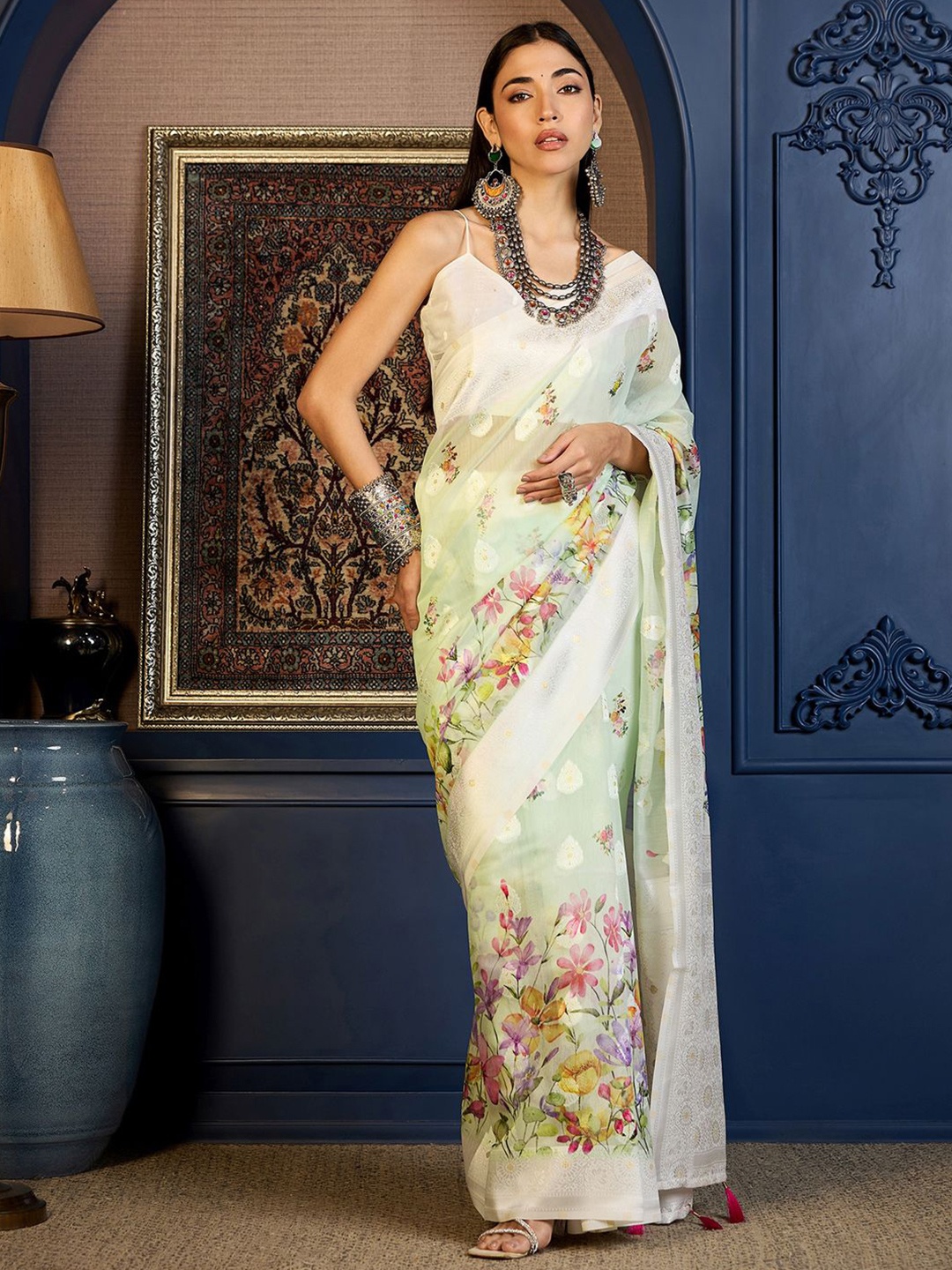 

Mitera Floral Printed Zari Muga Saree, Green