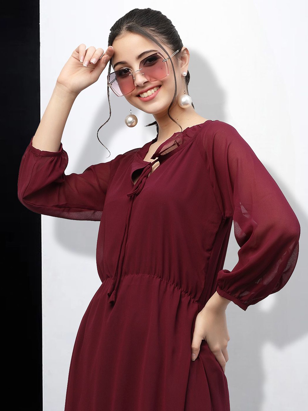 

MISS AYSE Cotton Tie-Up Neck Puff Sleeves A-Line Dress, Maroon