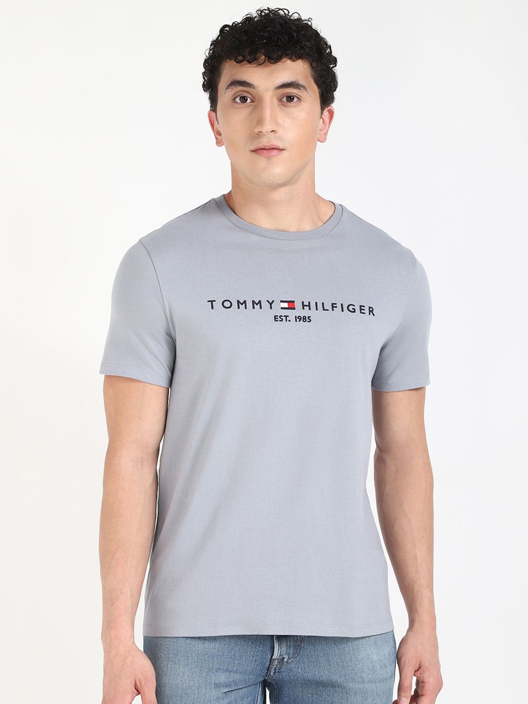 

Tommy Hilfiger Men Typography Printed Round Neck Cotton T-shirt, Grey