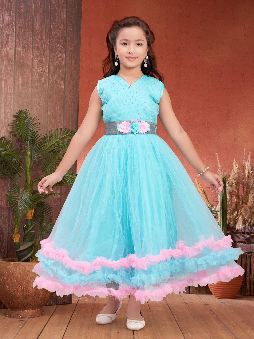 

Sangria Girls Embellished Net Fit and Flare Maxi Dress, Turquoise blue