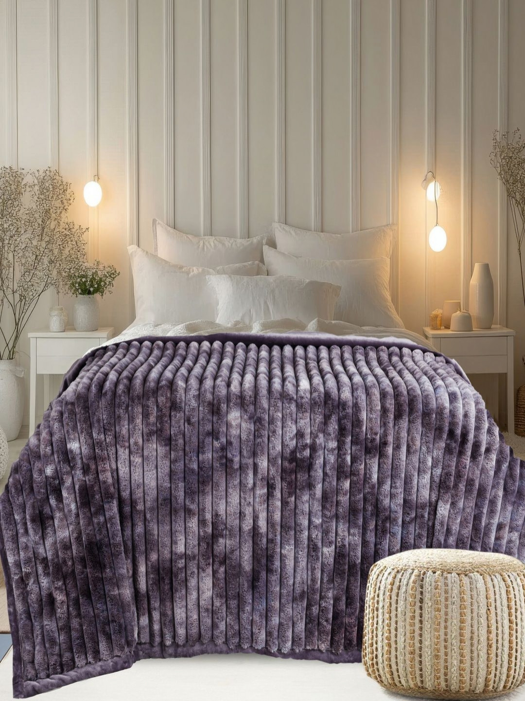 

GAPU & BALY Violet Striped Fur 300 GSM Heavy Winter Double layred Double Bed Blanket