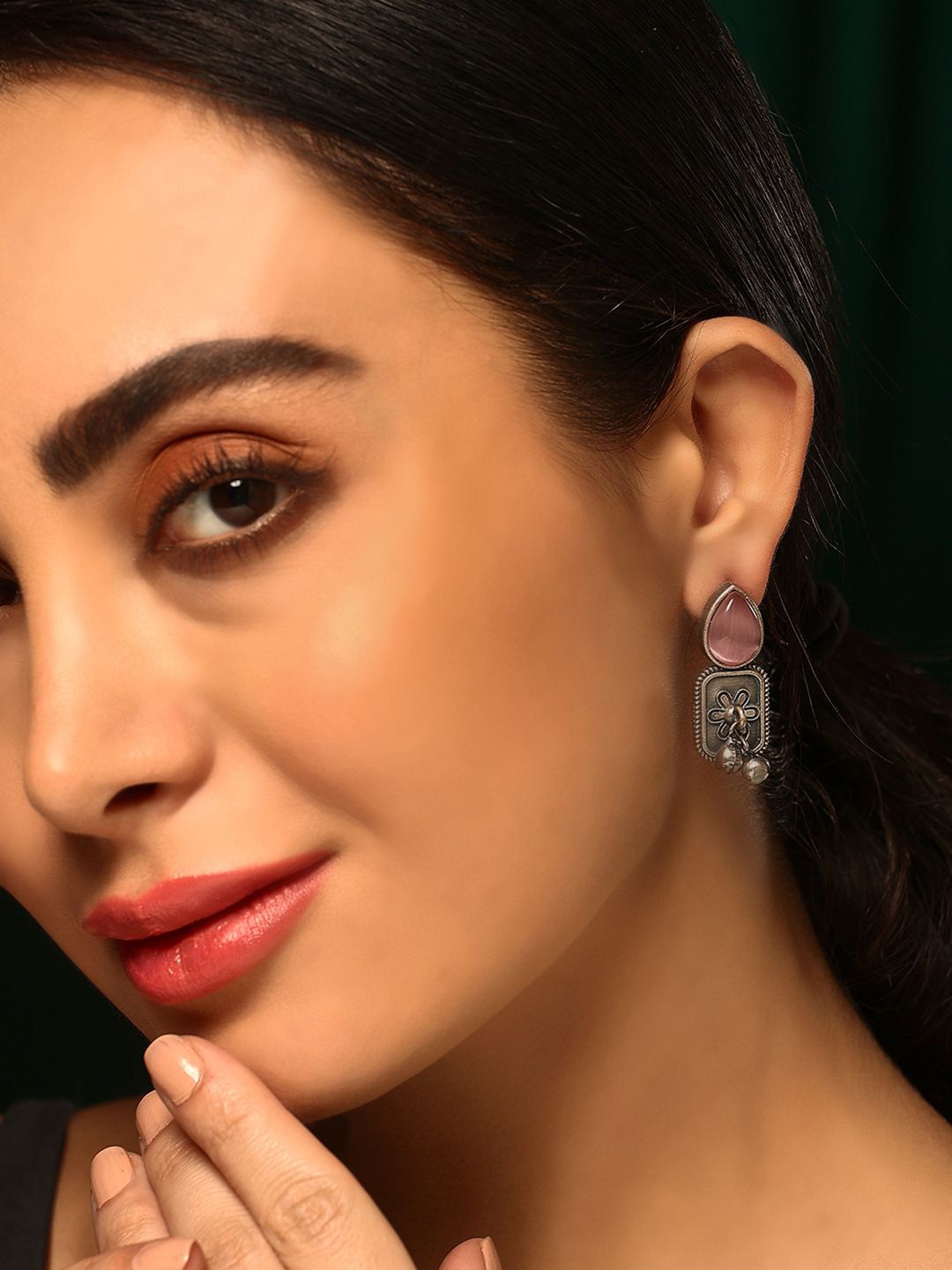 

Priyaasi Silver-Plated Oxidized Crystal Stone Studded Contemporary Drop Earrings, Pink