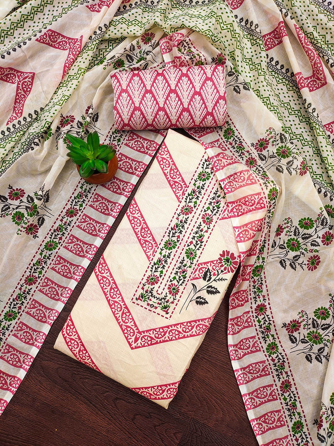 

HERE&NOW Floral Printed Beads and Stones Cotton Unstitched Dress Material, White