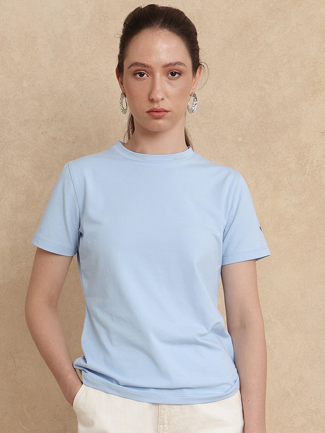 

RAREISM Women Solid Round Neck Cotton T-shirt, Blue