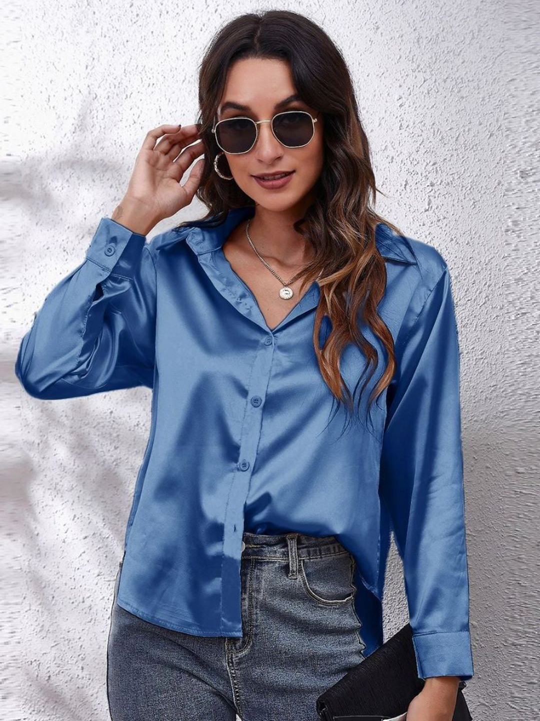 

Oh Rare Women Relaxed Fit Spread Collar Solid Casual Shirt, Blue