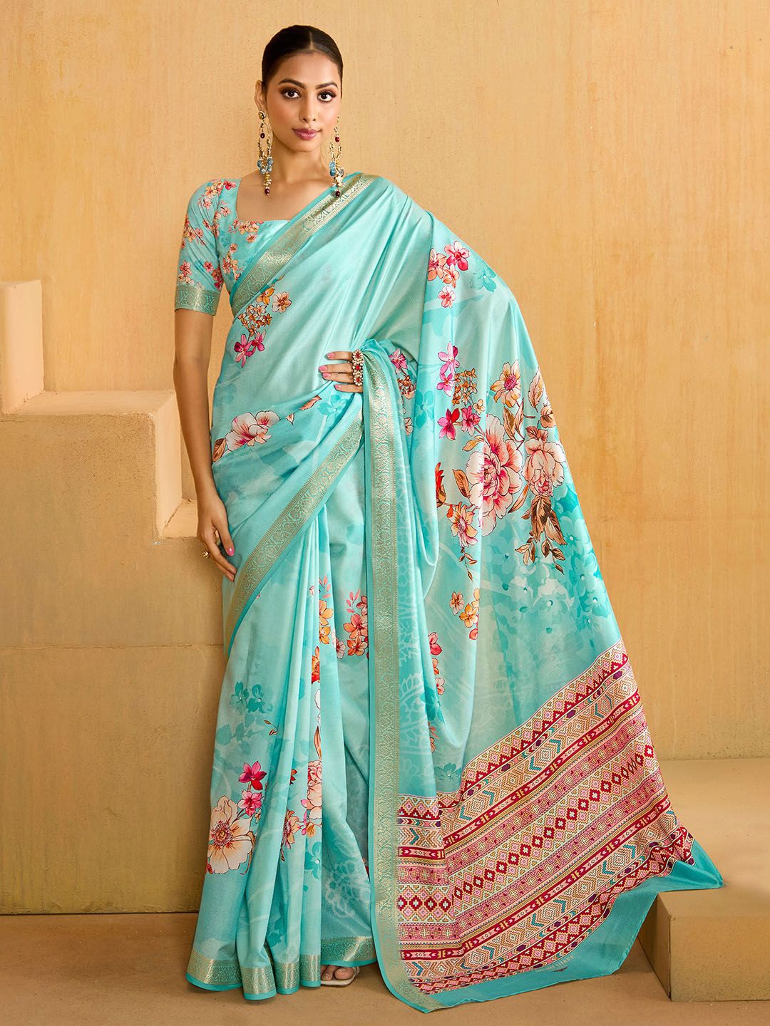 

Meena Bazaar Floral Printed Zari Saree, Sea green