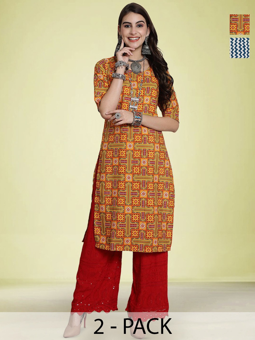 

Moda Rapido Selection Of 2 Ethnic motifs Printed Round Neck Straight Kurtas, Yellow