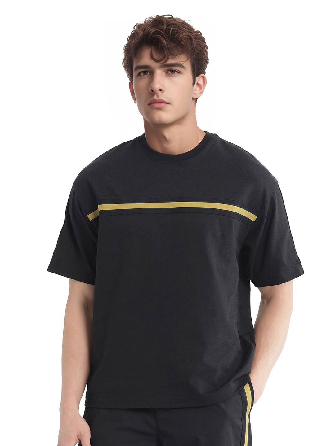 

RARE RABBIT Men Striped Round Neck Cotton T-shirt, Black