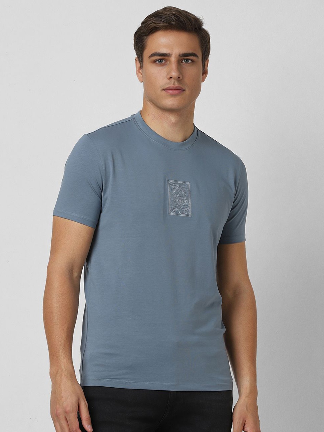 

V Dot Men Graphic Printed Round Neck Cotton Slim Fit T-shirt, Grey