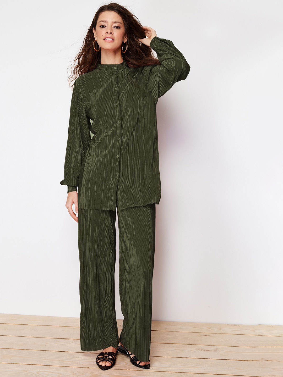 

Trendyol Striped Mandarin Collar Neck Shirt With Trouser Co-Ords, Khaki
