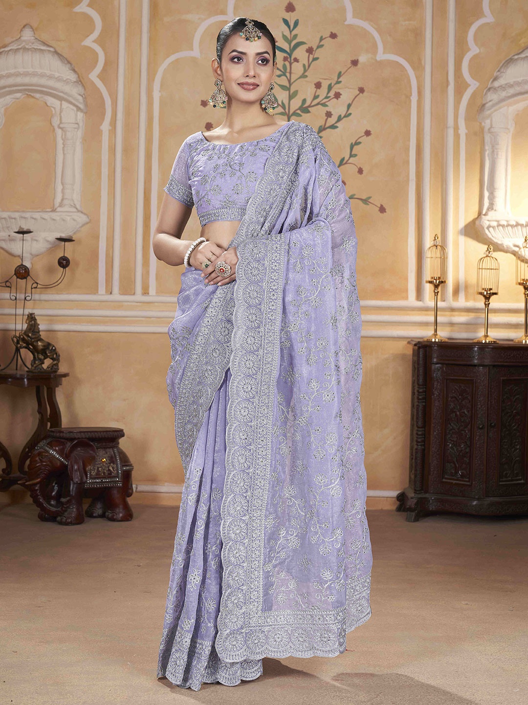 

Munir Floral Embroidered Beads and Stones Saree, Purple