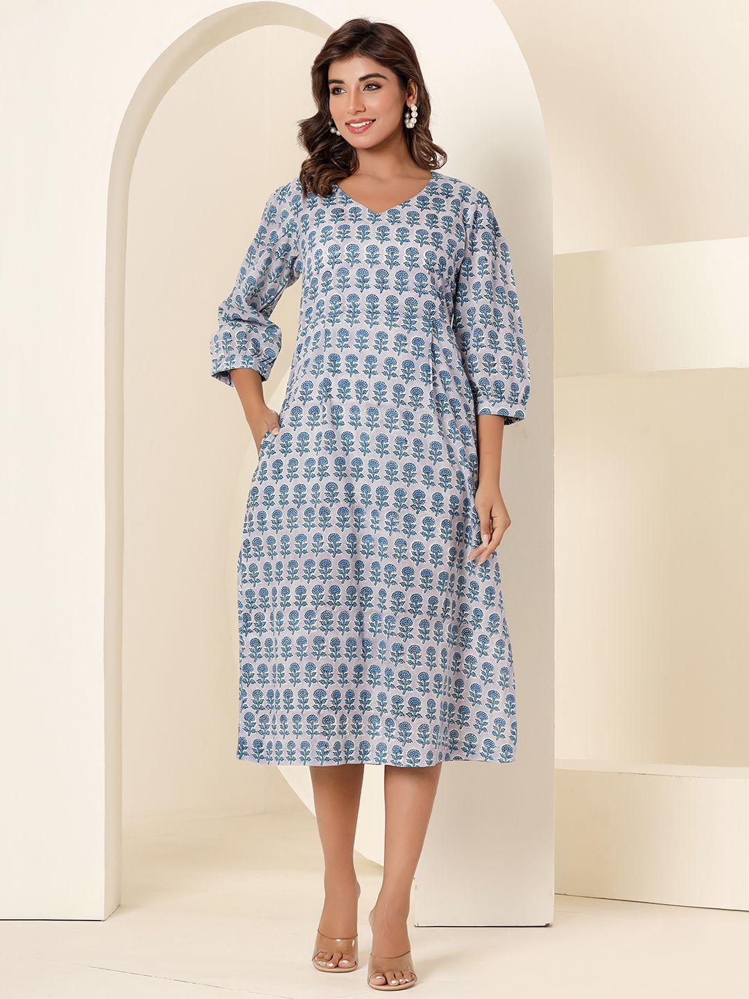 

Eco Clothing Ethnic Motifs Printed Cotton A-Line Midi Dress, Blue