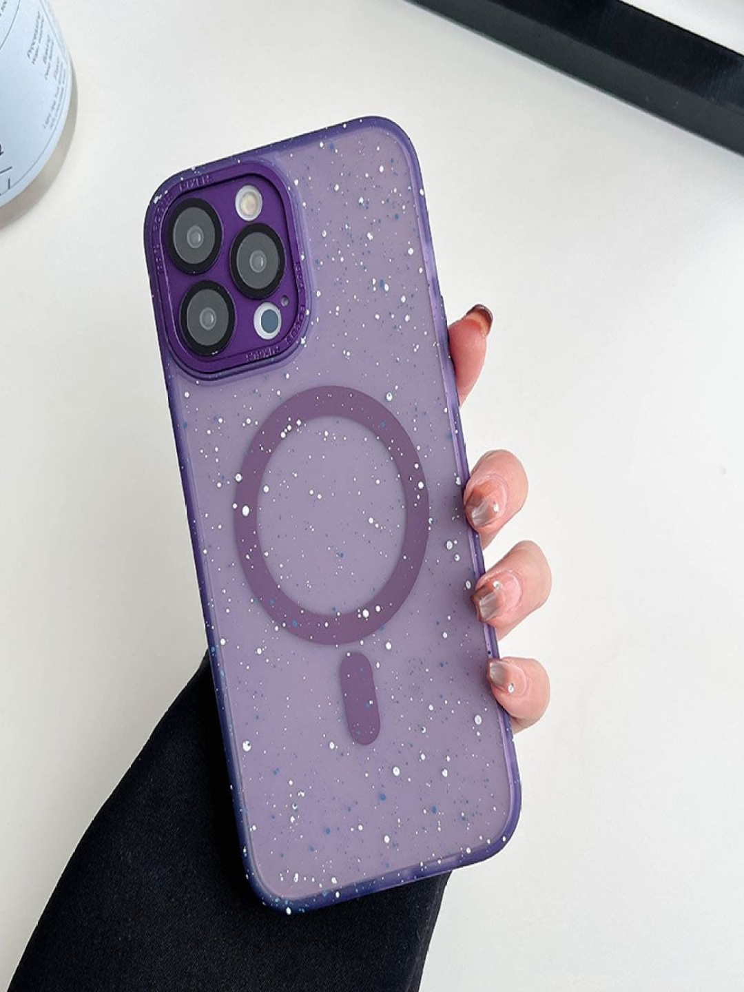 

Luxury Kase Abstract LK098 Anti-Splash Ink Dot Painting Mag-Safe iPhone 13 Pro Back Case, Purple