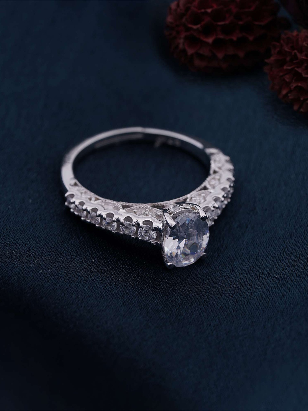 

Zalkari 925 Sterling Silver Rhodium-Plated Cubic Zirconia-Studded Adjustable Finger Ring