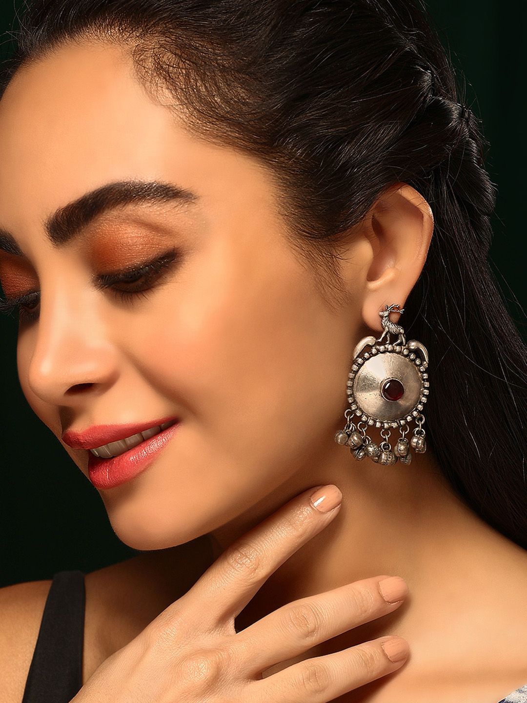 

Priyaasi Silver Plated Artificial Stones Studded Oxidised Contemporary Kemp Drop Earrings