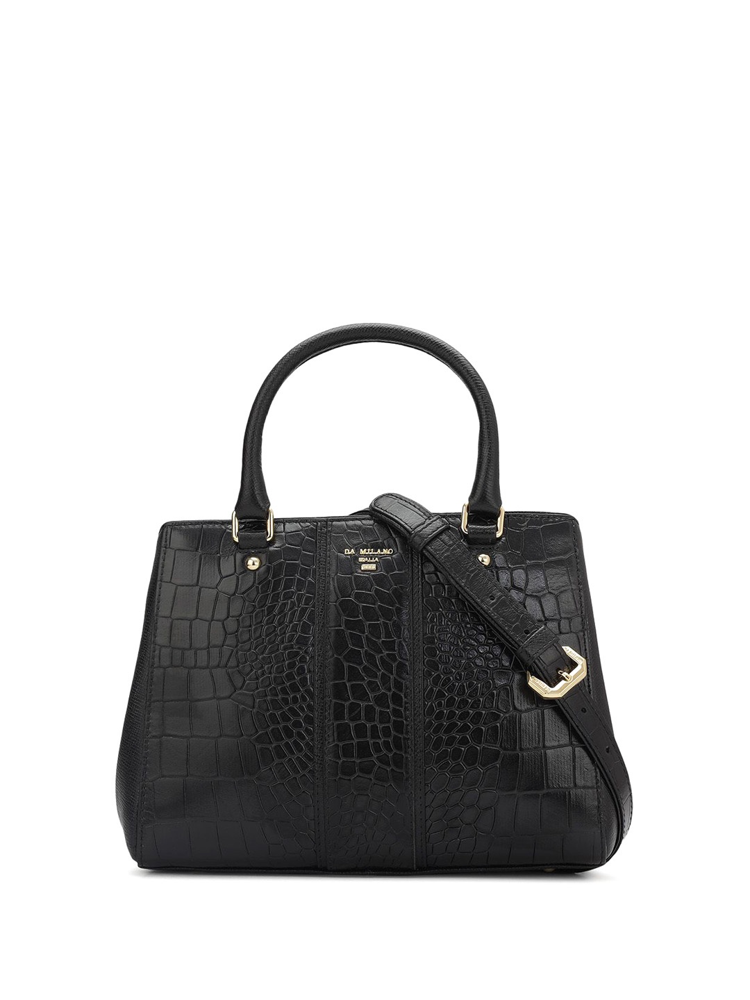 

Da Milano Leather Satchel with Cut Work, Black