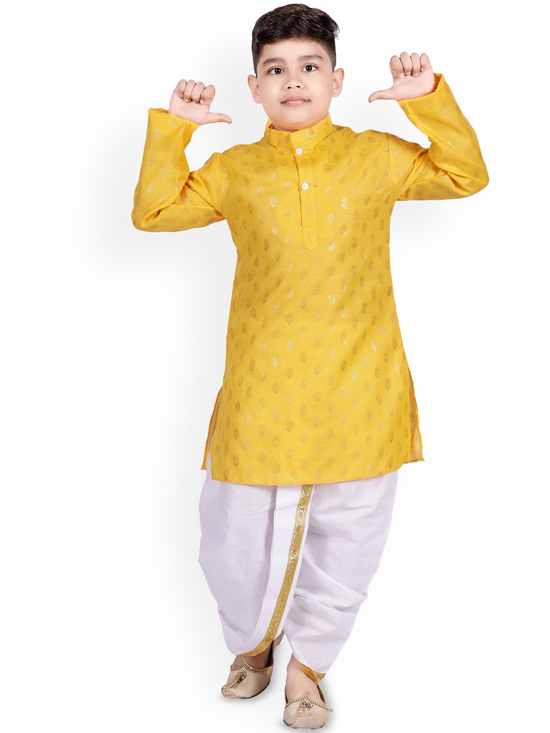 

BAESD Boys Ethnic Motifs Printed Mandarin Collar Straight Kurta with Dhoti Pants, Yellow