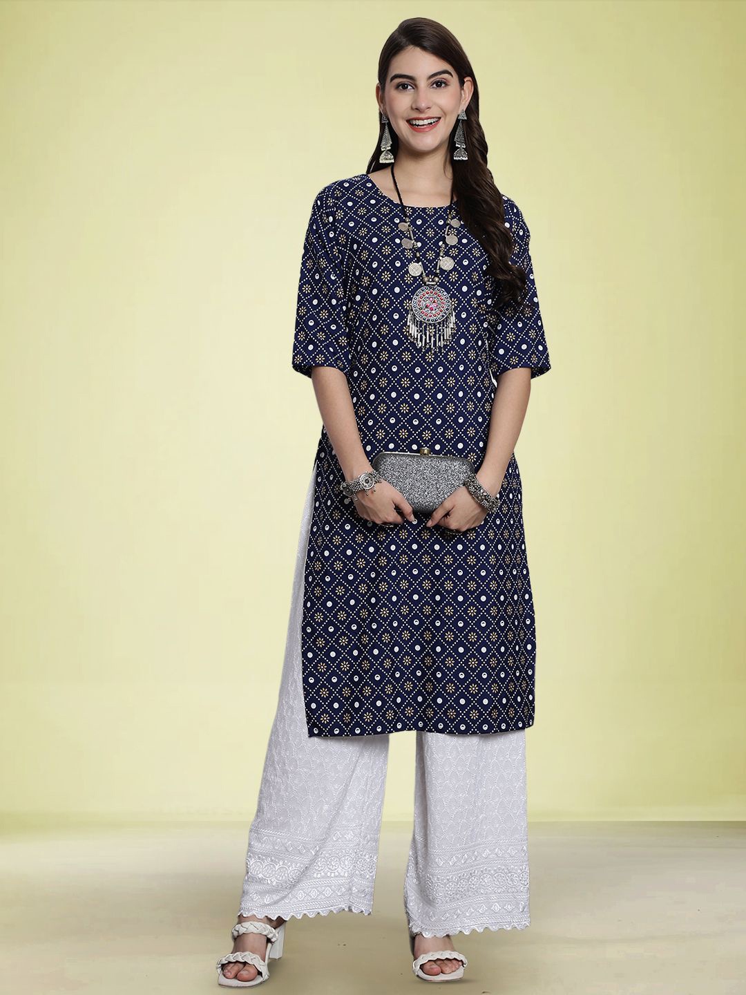 

Moda Rapido Ethnic Motifs Printed Round Neck Straight Kurta, Navy blue