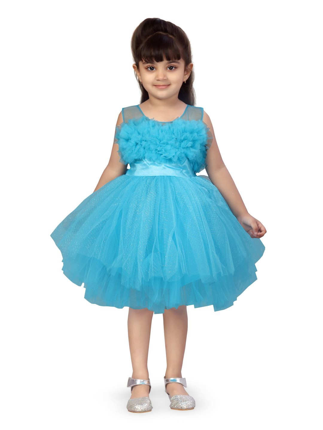 

YK Girls Sleeveless Net Fit & Flare Dress, Turquoise blue