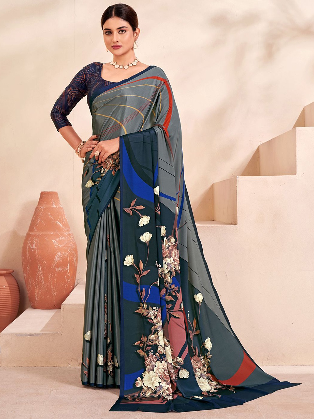 

Krimmple Women Floral Mysore Silk, Grey