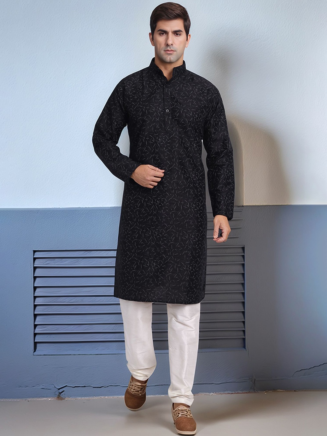 

Moda Rapido Geometric Printed Mandarin Collar Straight Kurta With Pyjama, Black
