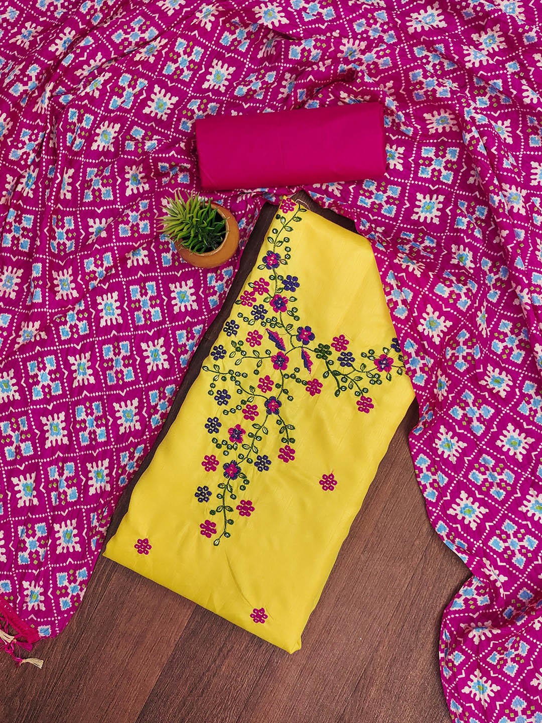 

HERE&NOW Floral Embroidered Unstitched Dress Material, Yellow