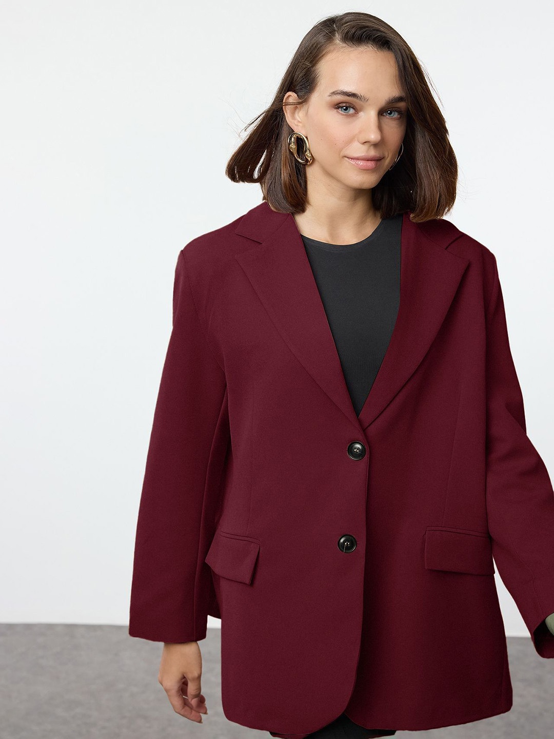 

Trendyol Women Lapel Collar Solid Casual Tailored Jacket, Maroon