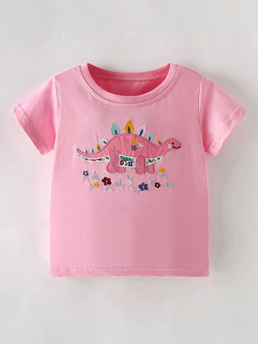 

LULU & SKY Girls Floral Printed V-Neck Extended Sleeves Applique T-shirt, Pink