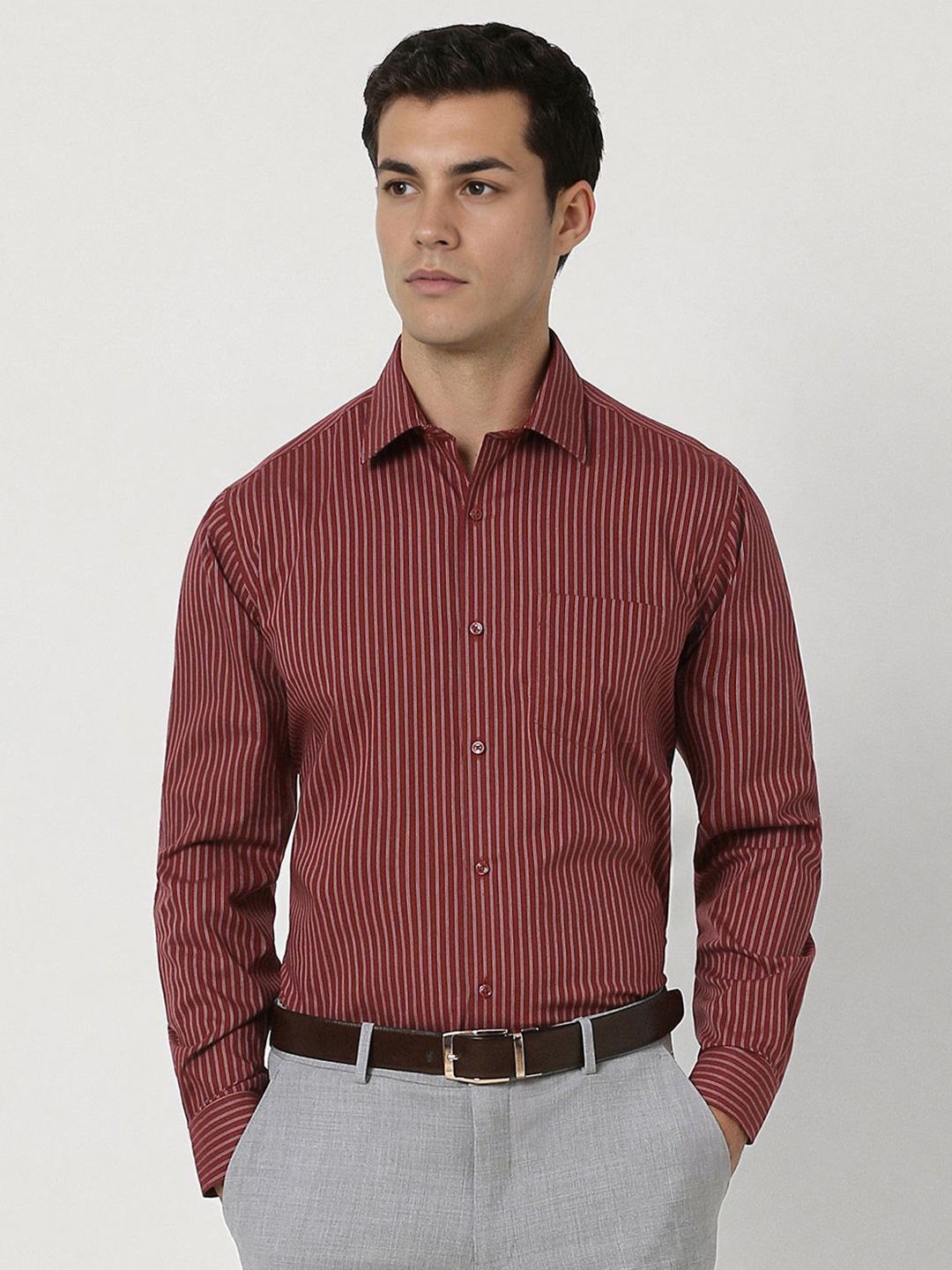 

Van Heusen Men Opaque Striped Formal Shirt, Maroon