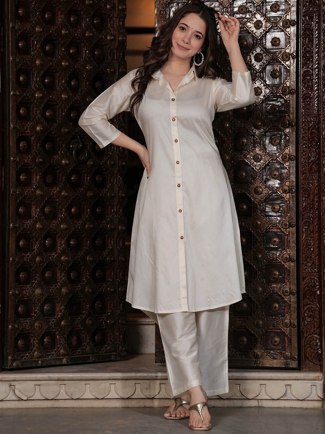 

PINGAKSH Women Regular Pure Cotton Kurta with Trousers, Cream