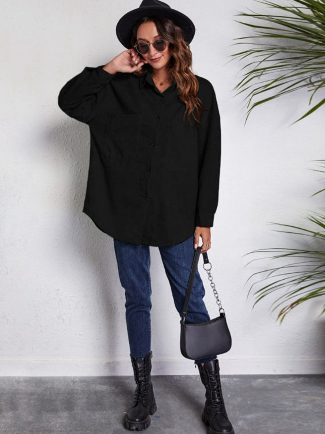 

Oh Rare Women Oversized Fit Spread Collar Solid Casual Shirt, Black