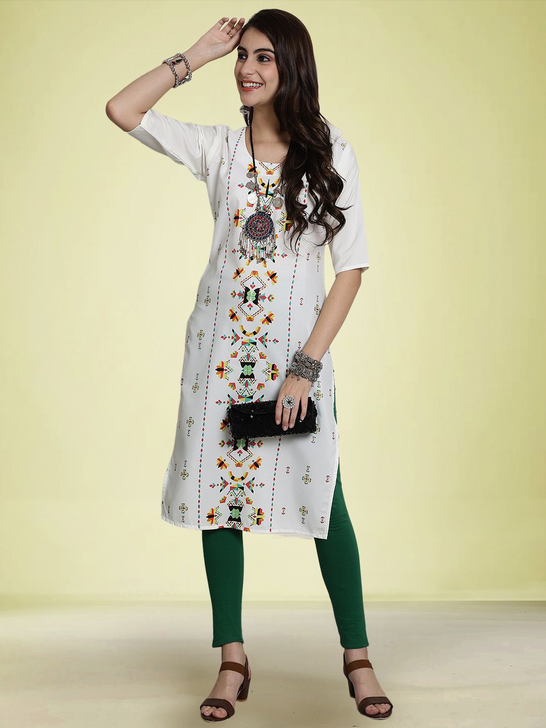 

Moda Rapido Geometric Printed Round Neck Straight Kurta, White