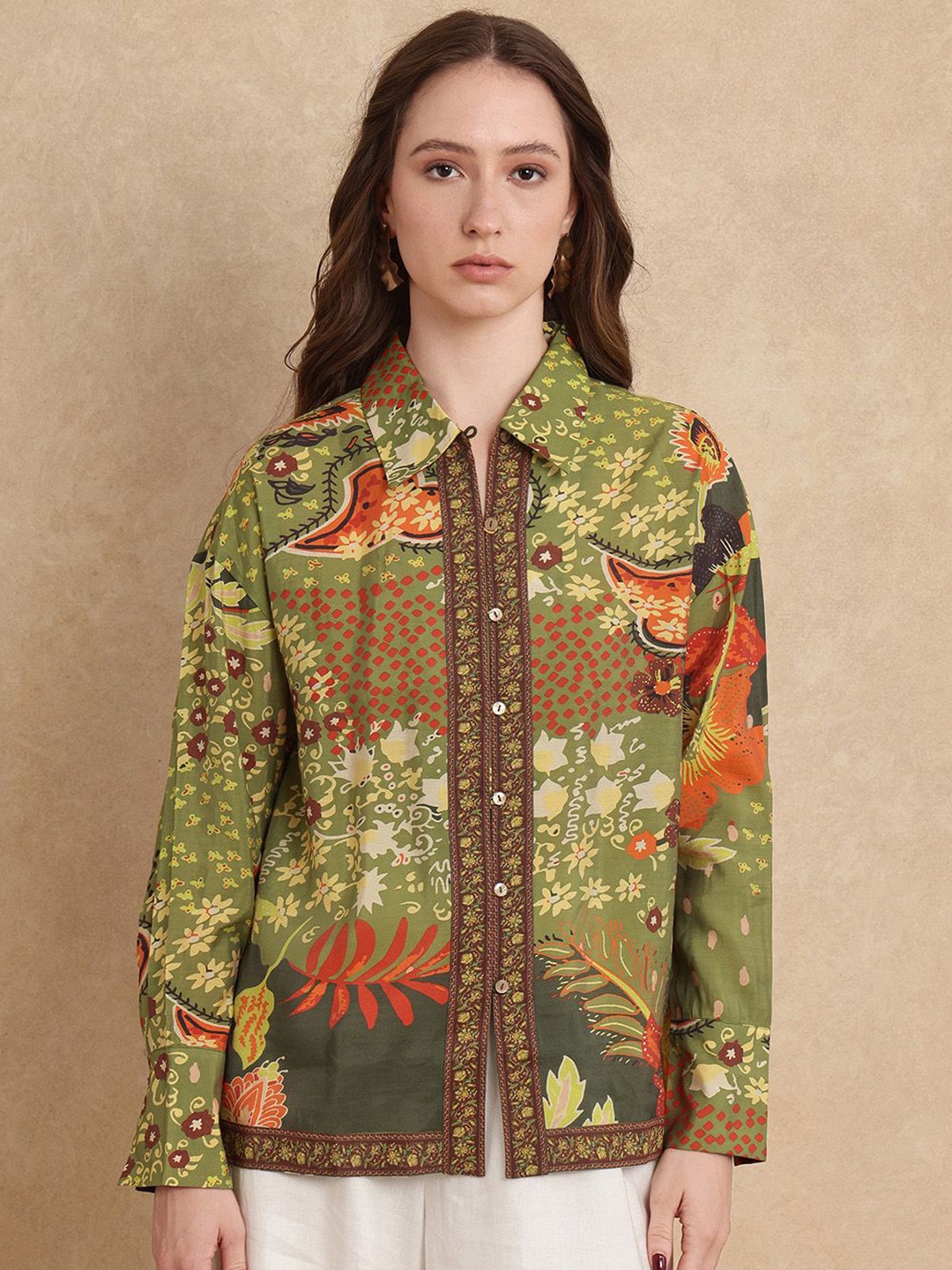 

RAREISM Women Comfort Fit Spread Collar Floral Printed Casual Shirt, Olive