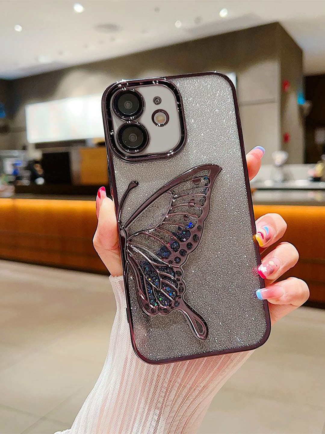 

Luxury Kase LK099 Quirky iPhone 12 Glitter Candy Electroplated Butterfly Lens Back Case, Black