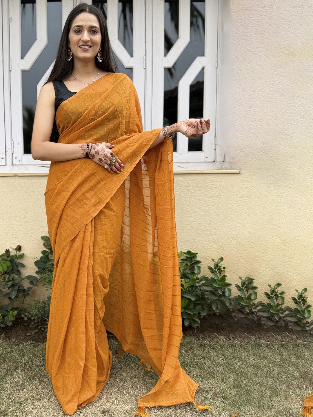 

APNISHA Striped Pure Chiffon Saree, Mustard