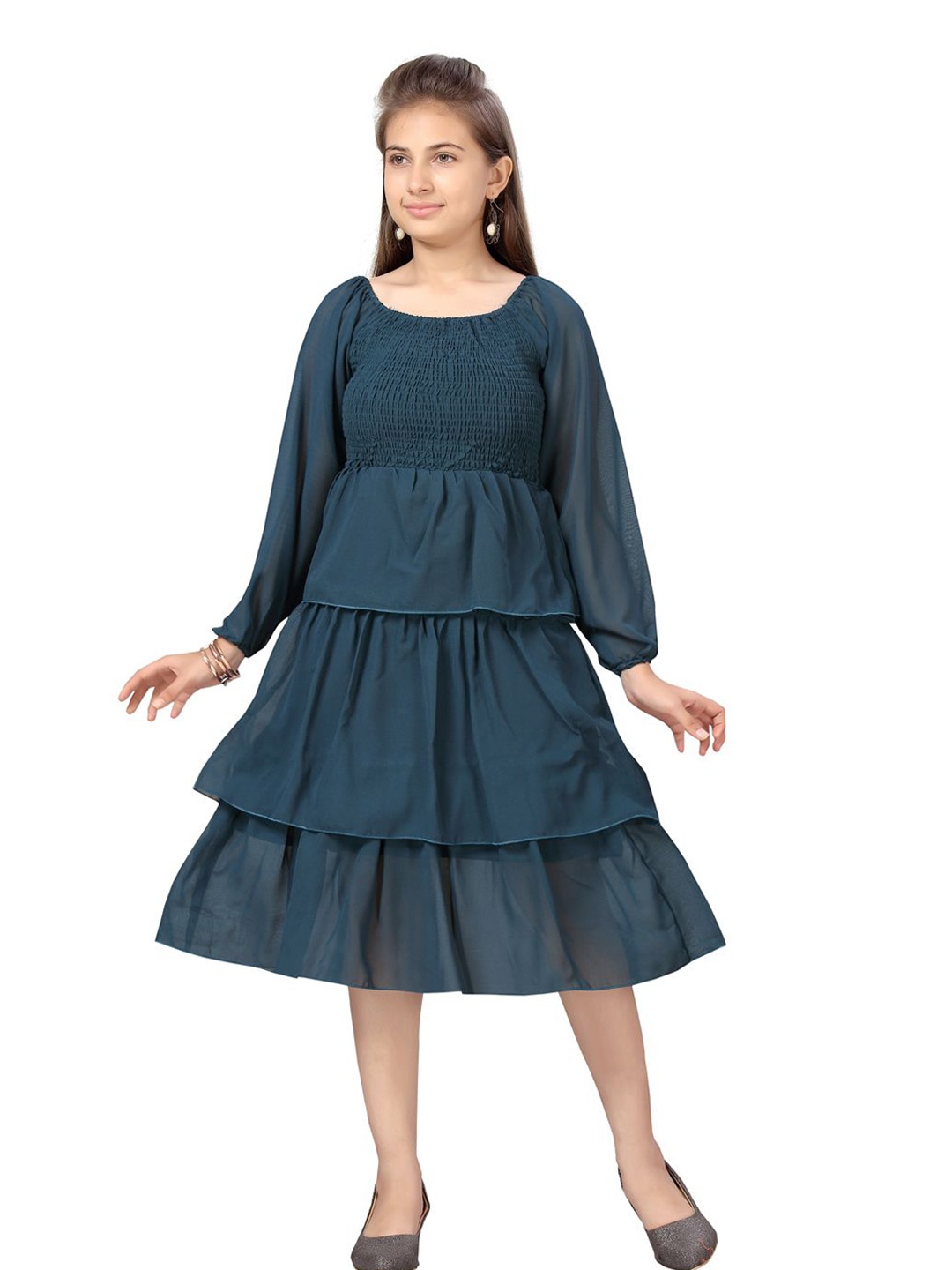 

YK Georgette Girls Fit & Flare Smocked Midi Dress, Teal