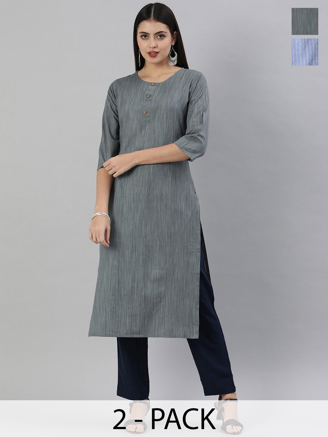 

KALINI Selection Of 2 Striped Round Neck Straight Kurtas, Charcoal