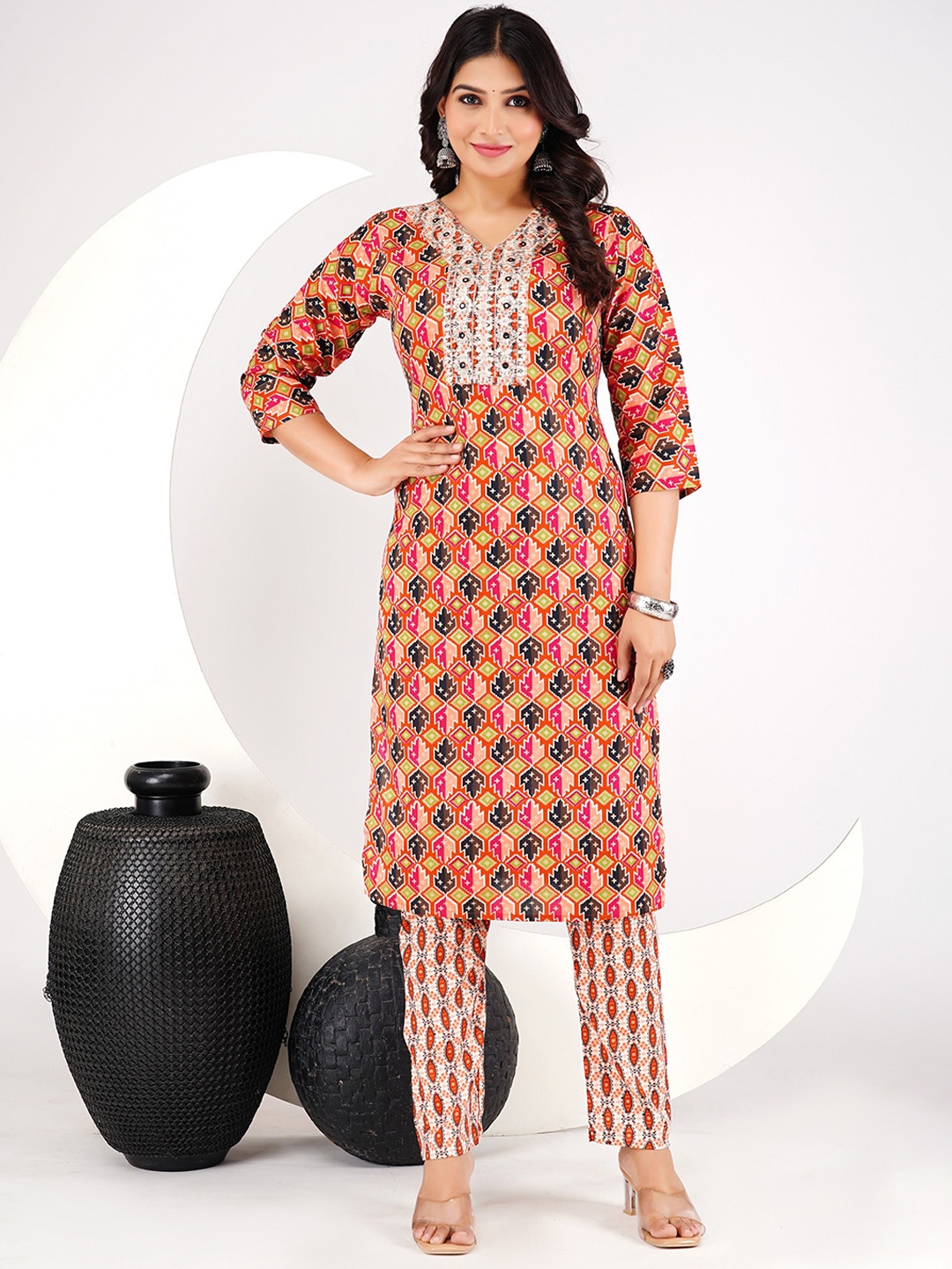 

SKYTICK Ethnic Motifs Printed Thread Work Pure Cotton Straight Kurta with Pyjamas, Orange