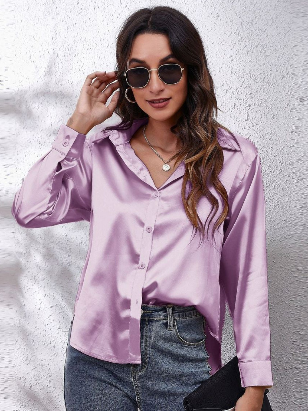 

Oh Rare Women Relaxed Fit Spread Collar Solid Casual Shirt, Lavender